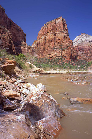 Virgin River and Temple of Sinawava, Zion National Park, UT.